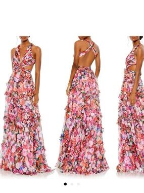 Mac Duggal Pink Floral Ruffled Open-Back Maxi Dress
